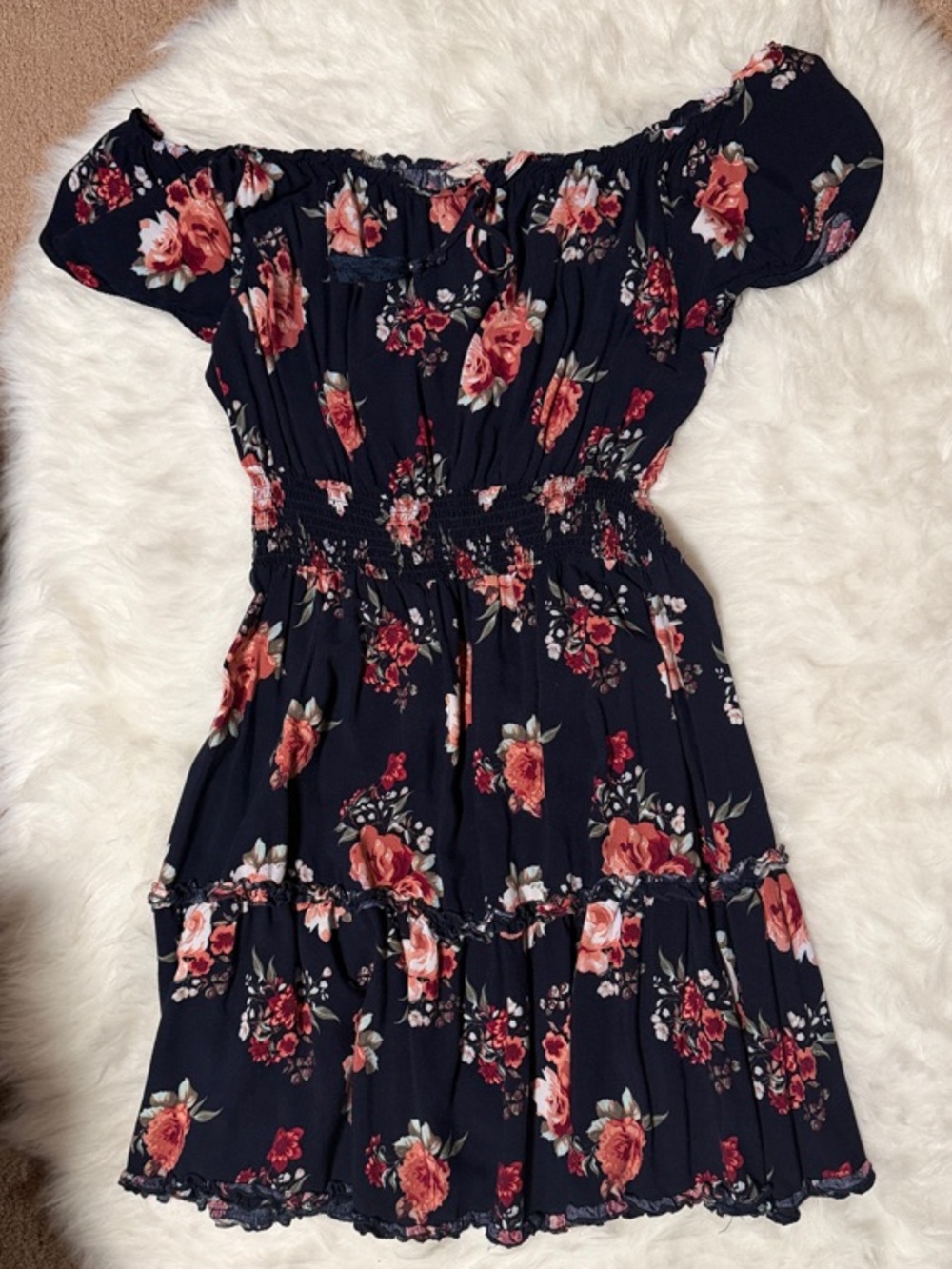 Navy Off-Shoulder Floral Dress - Pink & Coral Roses
